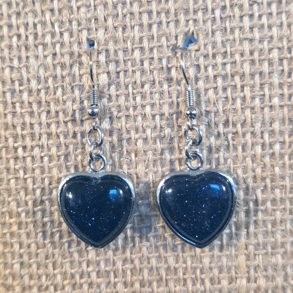 Blue Goldstone Heart Gemstone Pendant Dangle Earrings